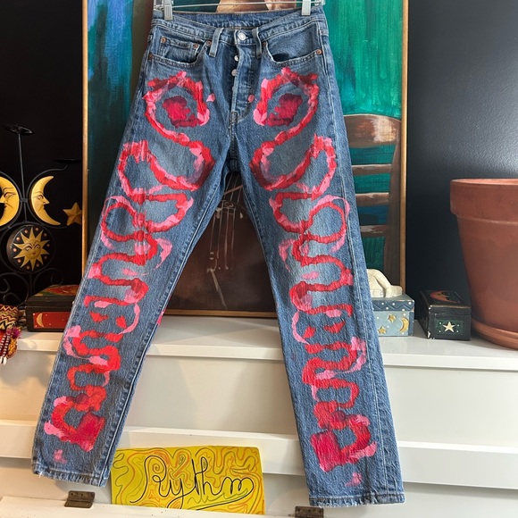 Levi's 501’s Blue and Pink Painted Artistic Straight Leg Jeans W26" X L28" - Picture 3 of 16